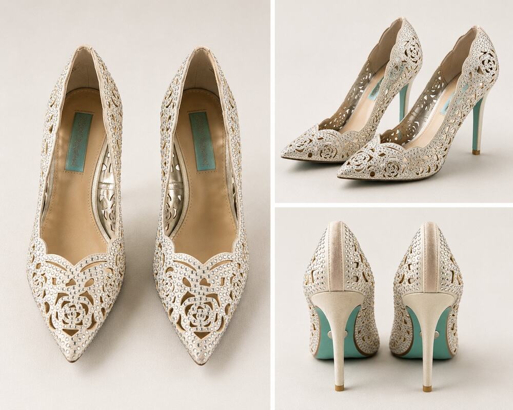 Betsey Johnson Elsa Ivory Rhinestone Floral Pumps 6.5 Bridal Wedding Heels